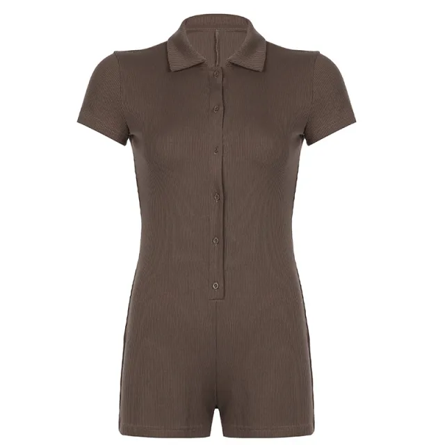 Solid Lapel Breasted Rib Skinny Casual Jumpsuit Brown - Shop at LoveMi