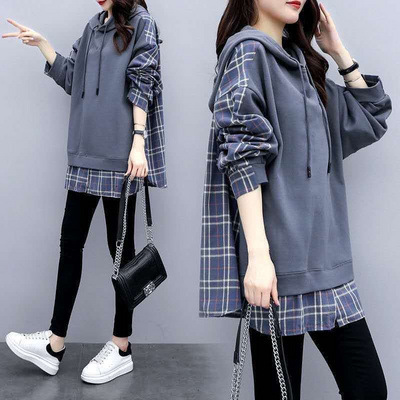 Title 5, Plaid Stitching Fake Two-Piece Hooded Sweater W...