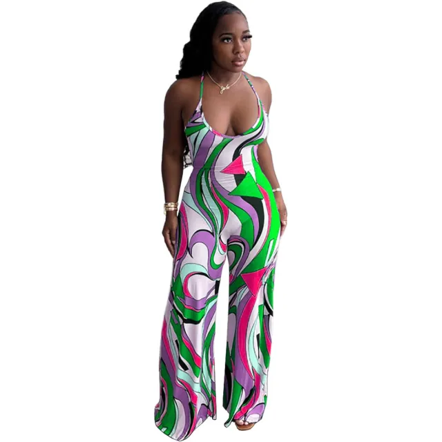 Sleeveless Casual Print Halter Strap Backless Fitted Jumpsuit Green - Shop at LoveMi
