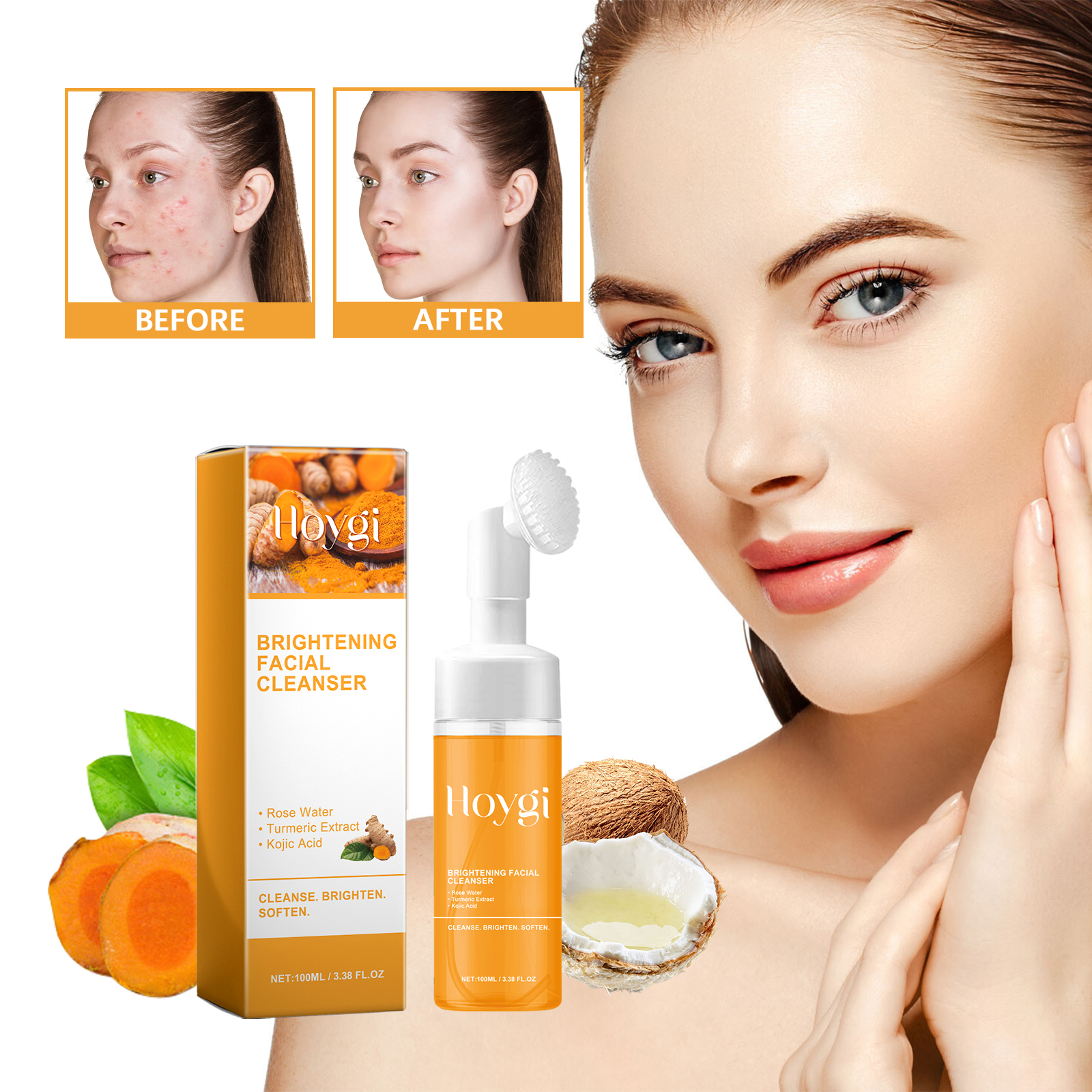 Turmeric Brightening Facial Cleanser Foam With Built-in Brush, Deep Pore Cleansing, Moisturizing Soft Skin For All Skin Types thumbnail 5