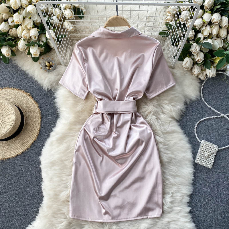 Glossy Imitation Satin V-neck Waistband Pleated Irregular Dress
