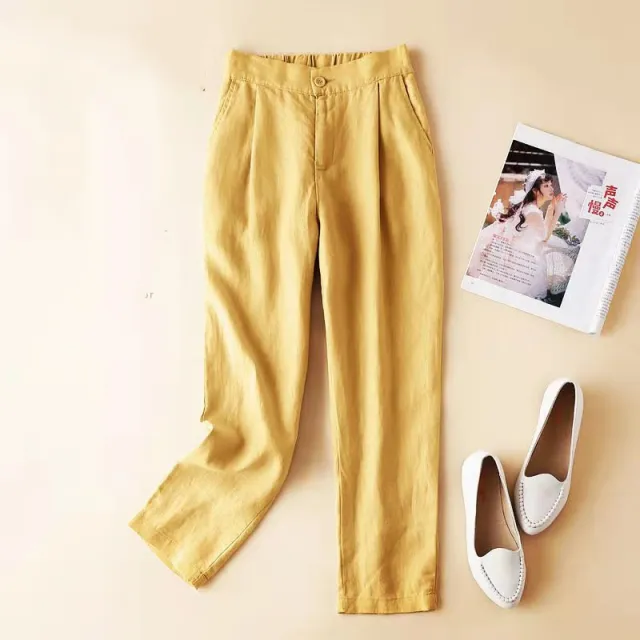 Women's Thin Harem Pants Cotton And Linen Cropped Trousers Yellow - Shop at LoveMi