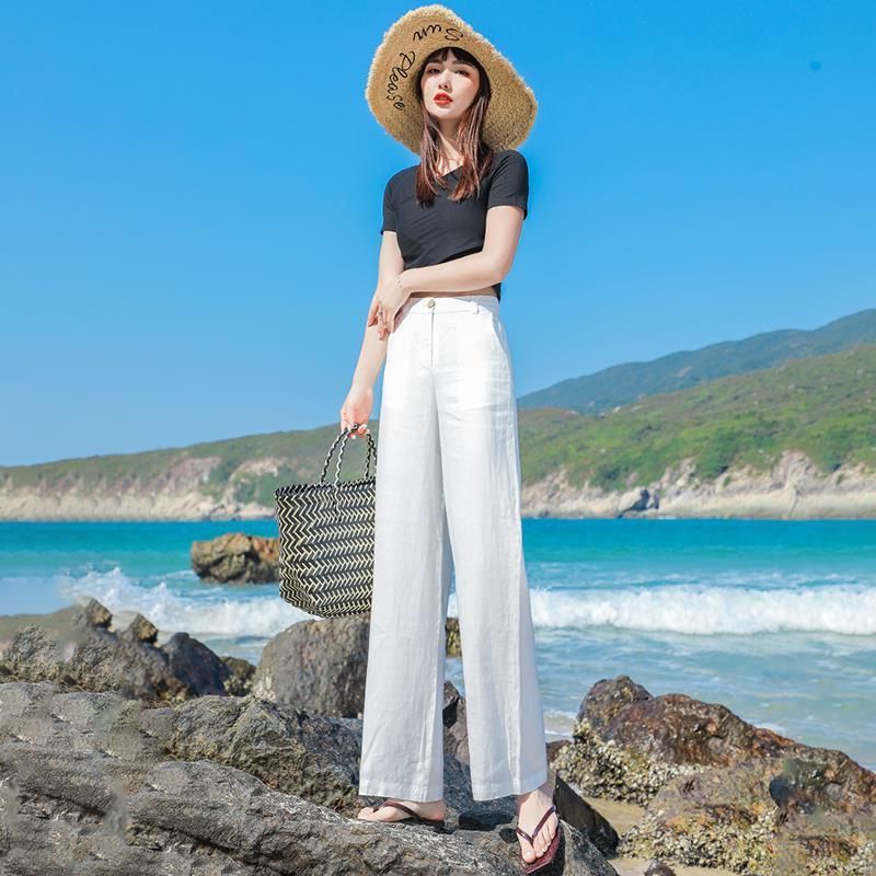 Title 4, Linen loose straight high waist slimming trousers