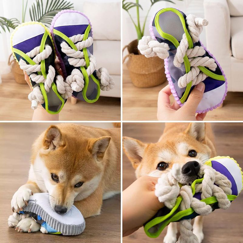Dog Toys Shoes Pet Cotton Rope Slippers Sound Making Toys Teeth Cleaning Built-in BB Airbag Round Ball Bell Various