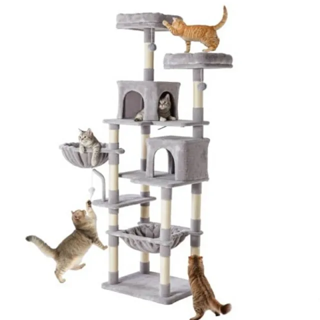71 inch Cat Tree Tower, Large Multi story Cat Climbing Tower, Natural Sisal Grabber Posts, Extended Platform, Hammock Light Grey - Shop at LoveMi