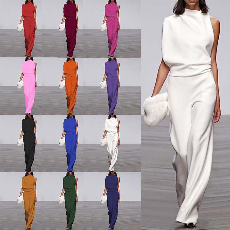 Title 6, Solid Color One-shoulder Pile Neck Jumpsuit