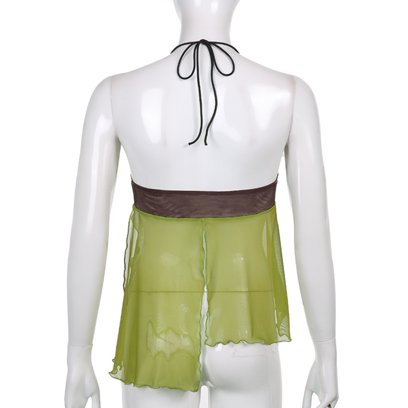 Fashion Women's Color Block Mesh Halterneck Vest