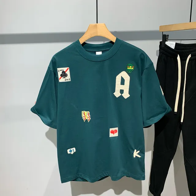 Embroidered Printed Crewneck Short Sleeve T shirt Men's Dark Green - Shop at LoveMi
