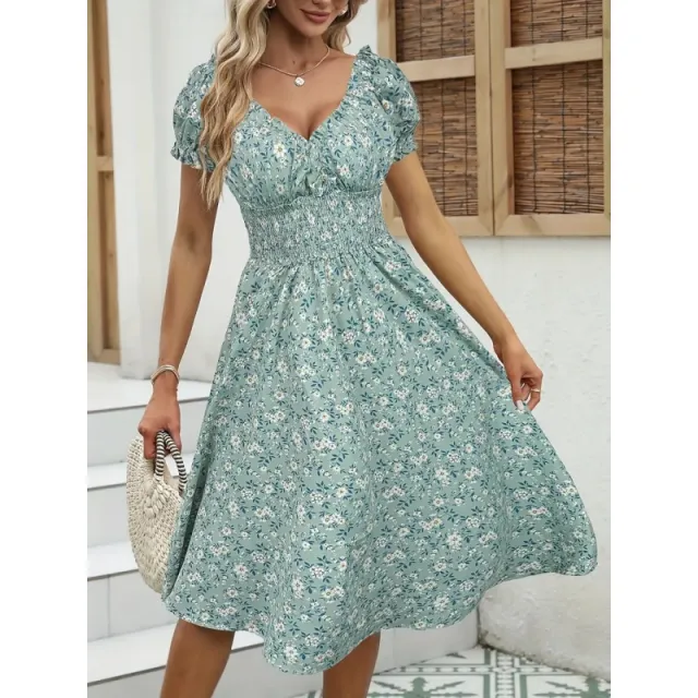 Women's Floral Summer Dress Casual Short Sleeve Ruffle Flowy Midi Sundress Boho Beach Vacation Dress Green - Shop at LoveMi