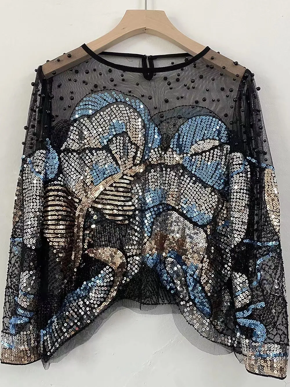 Light Luxury Beaded French Fashion Versatile Handmade Sequin Top - Blue