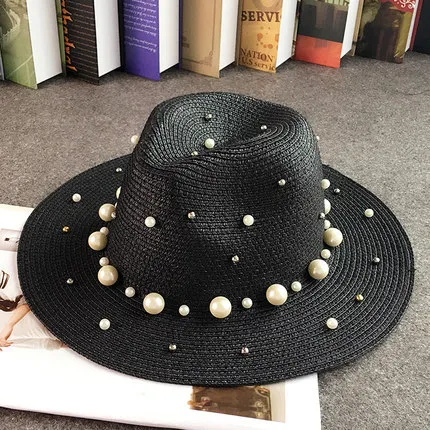 Outdoor Beach Flat Brim Straw Pearl Beaded Hat Black - Shop at LoveMi