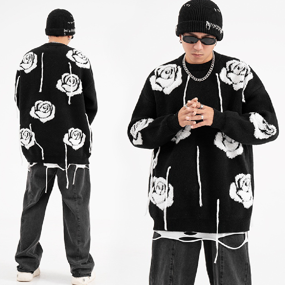 Men's Rose Jacquard Fringed Round Neck Sweater