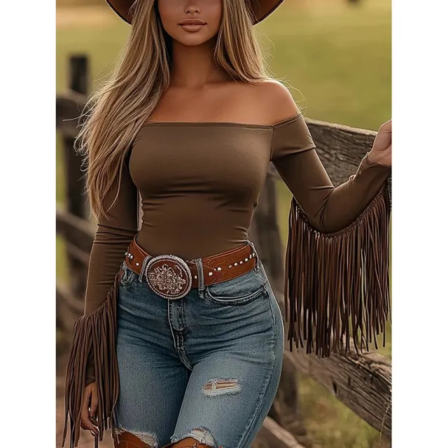Women's Western Cowgirl Off Shoulder Fringe Top, Sexy Slim Fitted Long Sleeve Tassel Blouse Brown - Shop at LoveMi