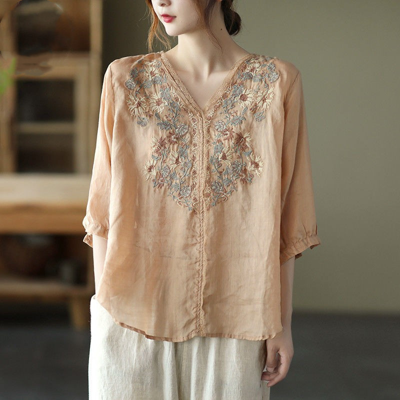 Title 5, V-Neck Lace Trim Embroidered Short Sleeve Shirt...