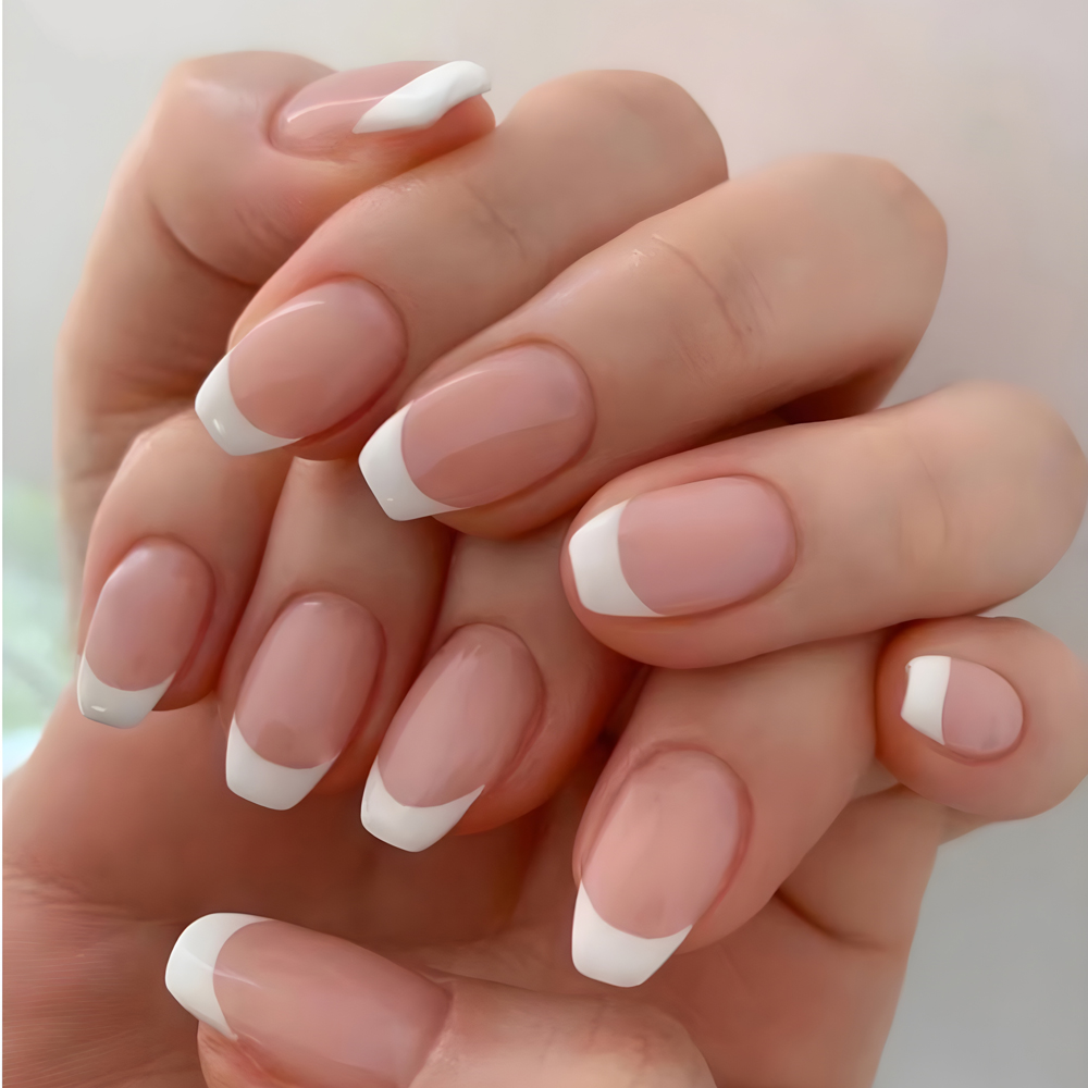 24 Soft And Classic White French Nail Stickers Are Suitable For Girls And Women With Medium-length Coffin-shaped Glossy Finish.They Come With 1 File And 1 Adhesive Sheet.