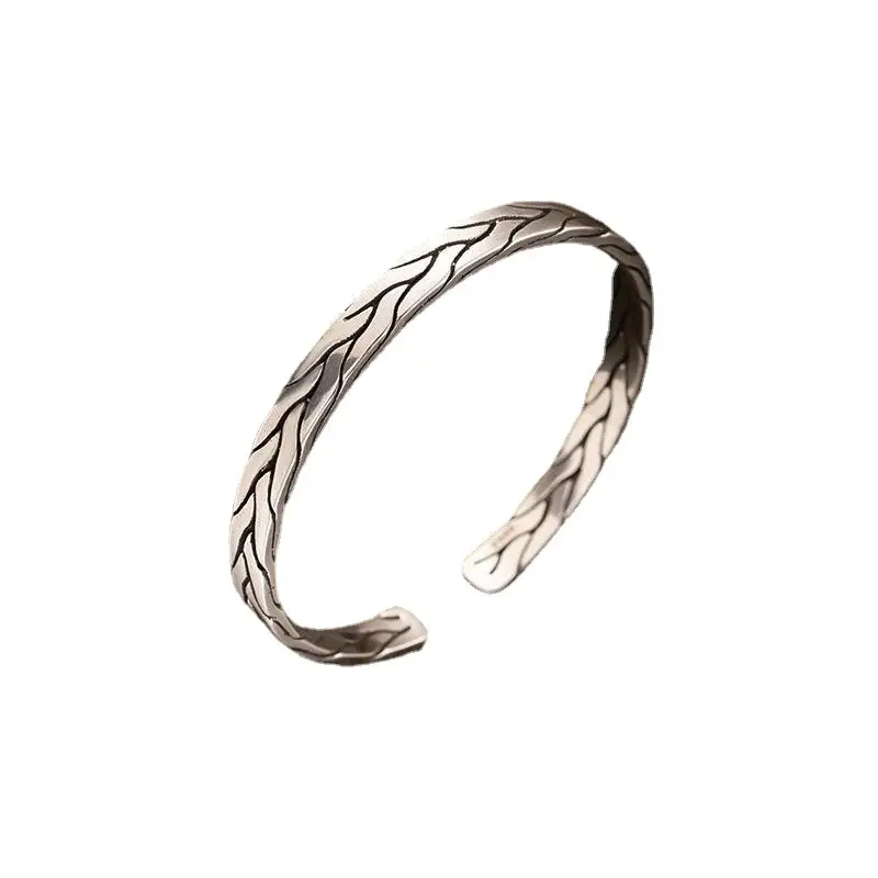 1pcs 925 Sterling Silver Twisted Branch Pattern Open Cuff Bangle, Minimalist Vintage Style, For Daily Casual Wear & Office