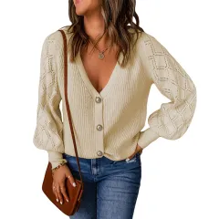 Women's Solid Colour Rhombus Puff Sleeve Knitted Sweater Coat - Apricot - View 1