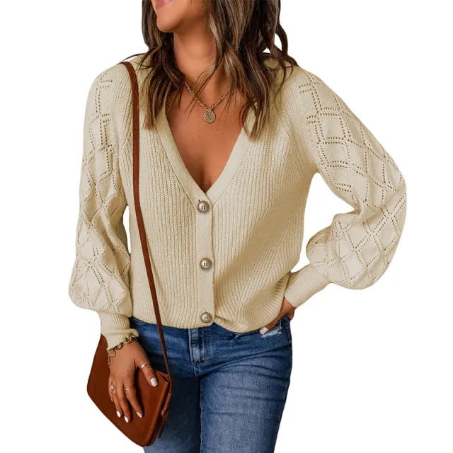 Women's Solid Color Rhombus Puff Sleeve Knitted Sweater Coat Apricot - Shop at LoveMi