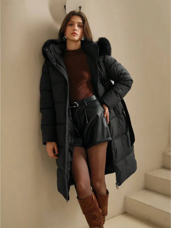 Anewsta Women's Solid Colour Long Sleeve Zip Up Hooded Padded Coat With Faux Fur Trim - Black