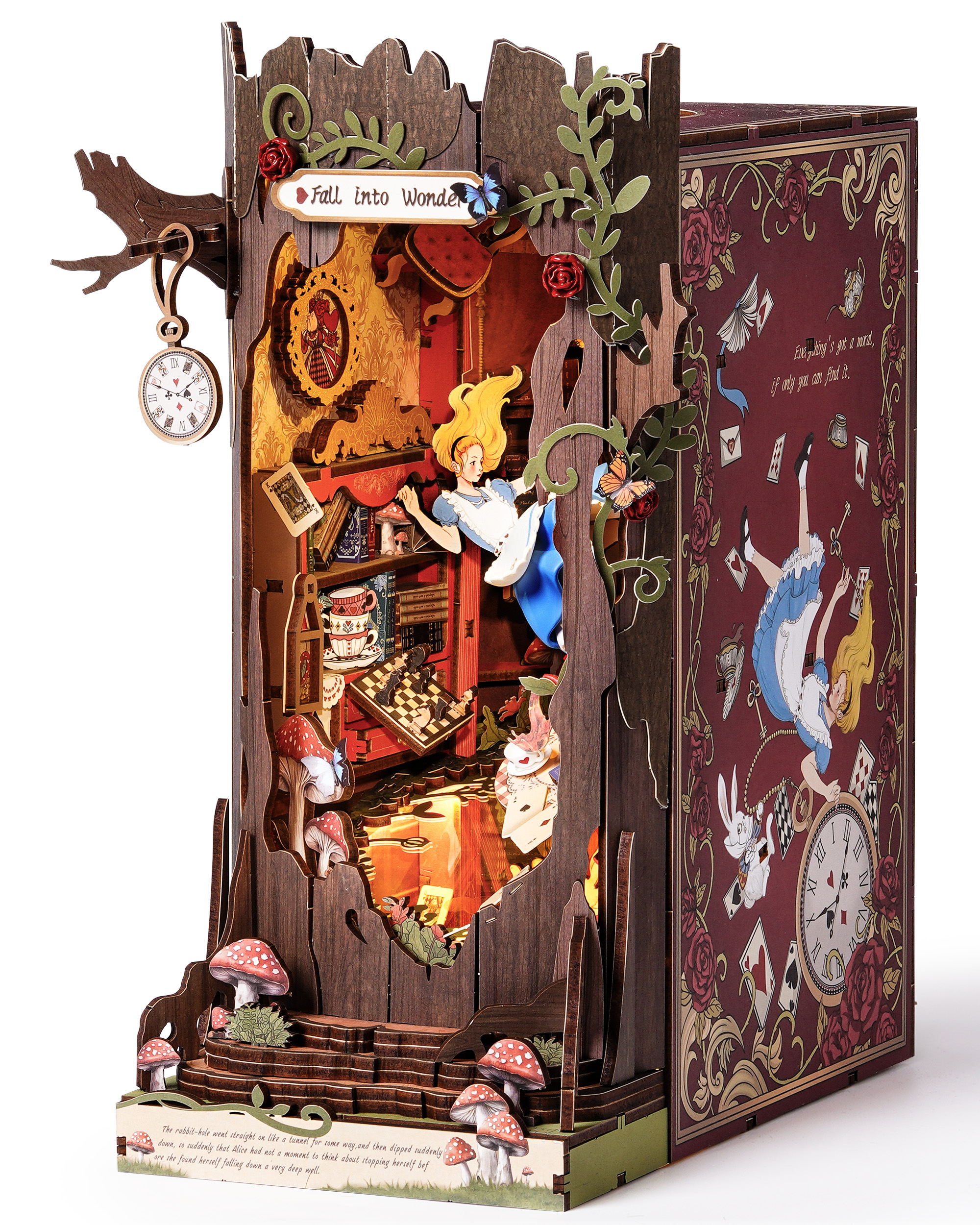 Rolife Tree Hole Book Corner Set - Wonderland Adventure, 3D Wooden Fairytale-style Puzzle Model With LED Light, 300 Pieces, DIY Wooden Toy, Type-C Power Supply