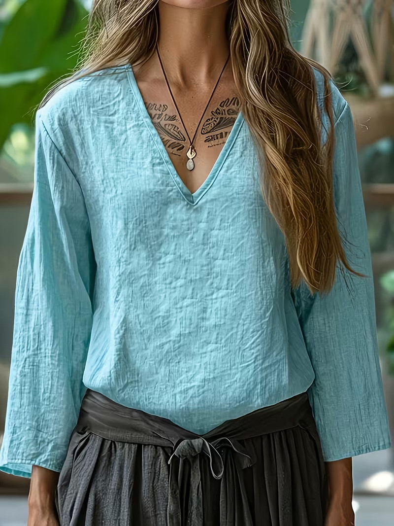 Loose Solid Color V-neck Nine Quarter Sleeved Cotton And Linen T-shirt