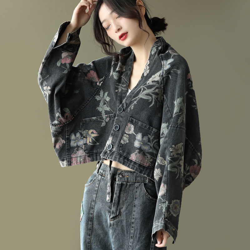 Printed Denim Short Jacket Ladies Loose Bat Sleeve Cardigan