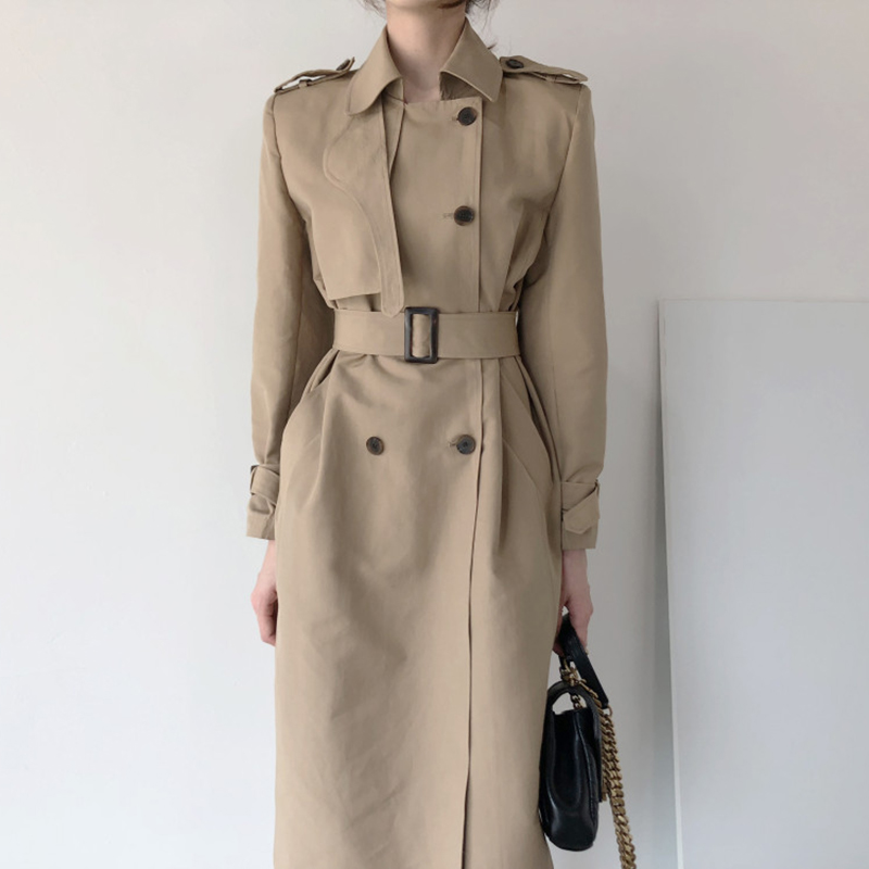 Lapel Double Breasted Nipped Waist Straight Over the Knee Mid Length Trench Coat Khaki - Shop at LoveMi