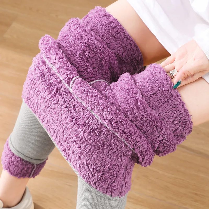 High Waist Plush Leggings Winter Warm Solid Slim Pants Fashion Trousers For Women Clothing - Gray