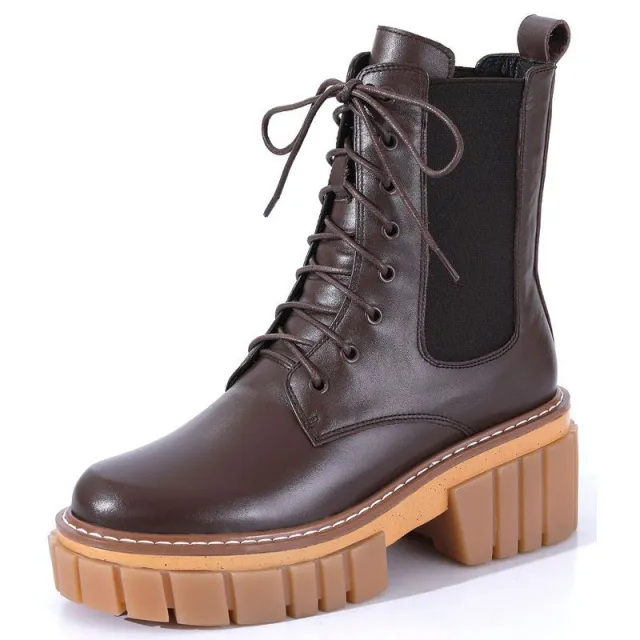 Round Toe High Heeled Leather Platform Retro Martin Ankle Boots Brown - Shop at LoveMi