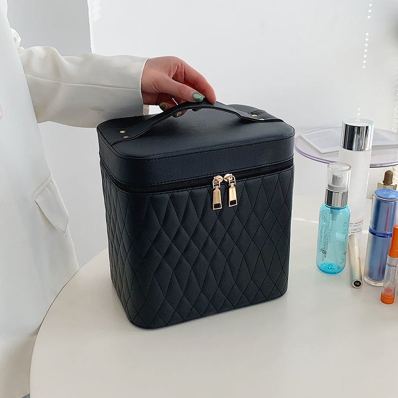 Portable Cosmetic Bag With Mirror Design Fashion Rhombus Embroidery Double layer Suitcase Large Capacity Make up Storage Bags For Women Black - Shop at LoveMi