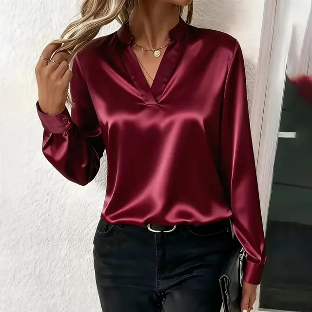 Women's Elegant Solid Color V Neck Blouse, Button Cuff Long Sleeve Wrinkle Resistant Office Shirt Wine Red - Shop at LoveMi