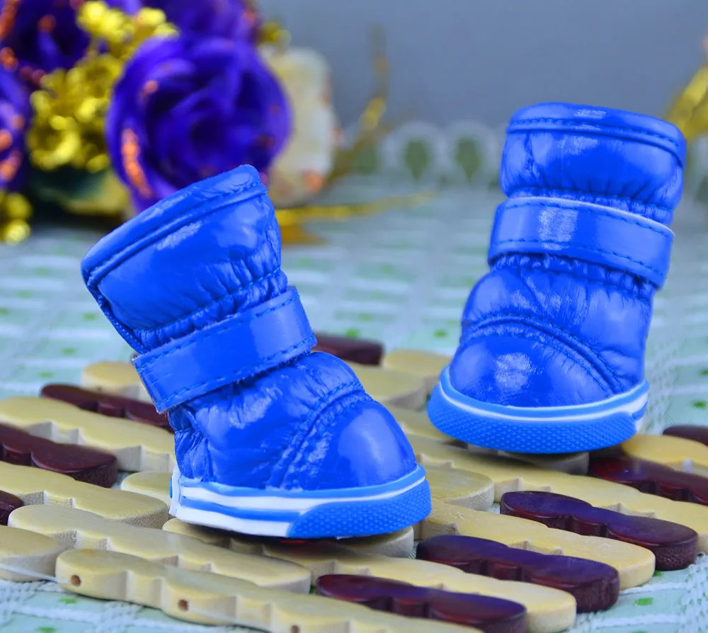 PU Mirror Leather Warm Pet Dog Shoes In Winter - Dark Blue