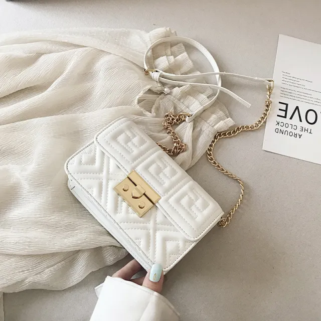 Fashion One shoulder Messenger Chain Bag, Embroidery Thread Rhombic Temperament Girl Small Square Bag White - Shop at LoveMi