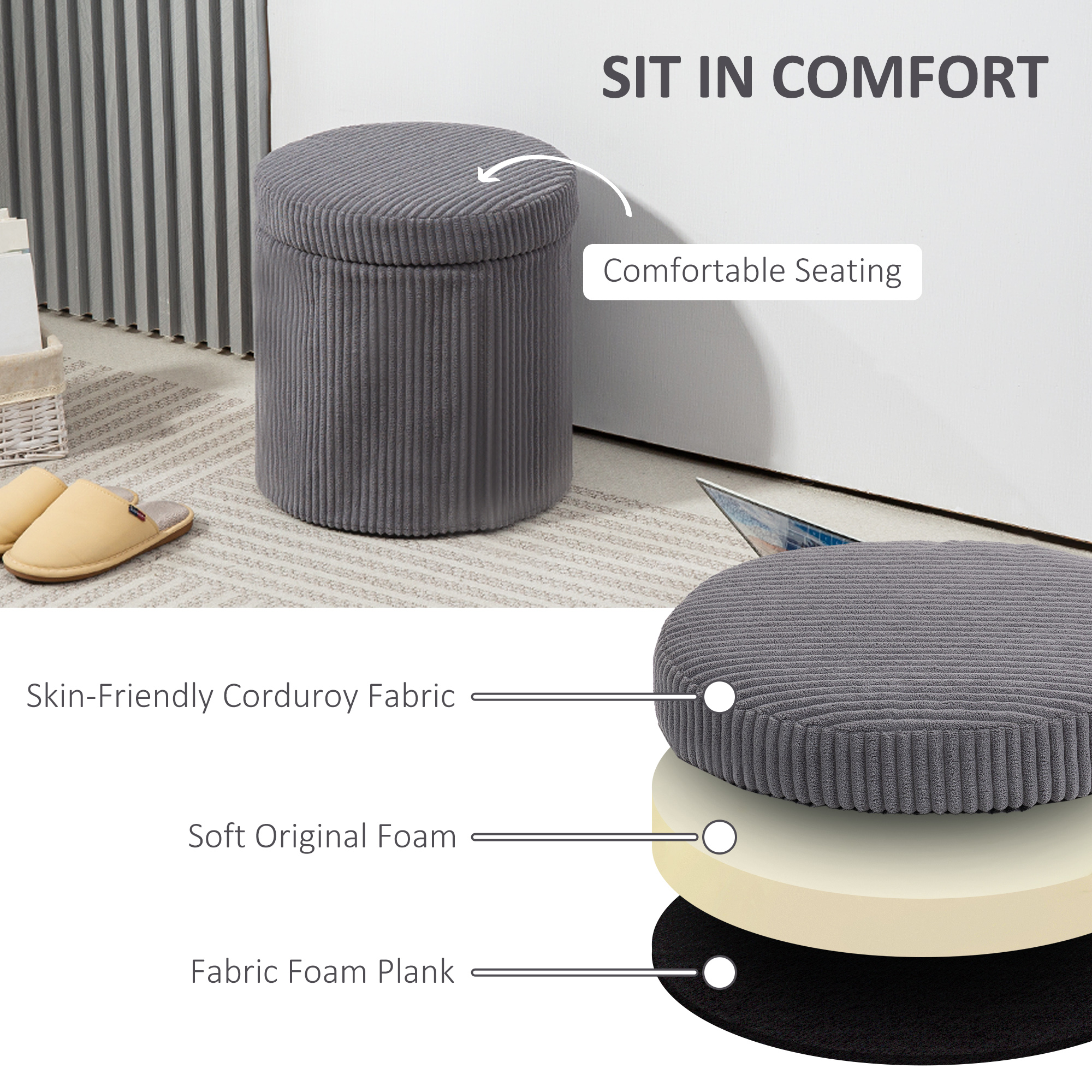 40cm Round Storage Footstool, Made Of Corduroy Material, With Detachable Lid — image 2