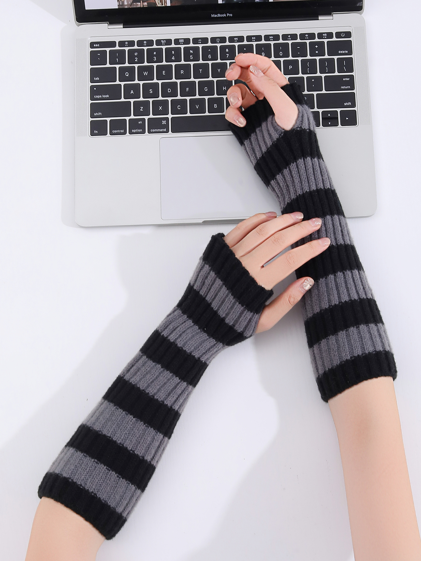 Y2K Lolita Women Girls Solid Color Striped Warm Knit Fingerless Gloves Arm Warmer For Daily Party — image 1