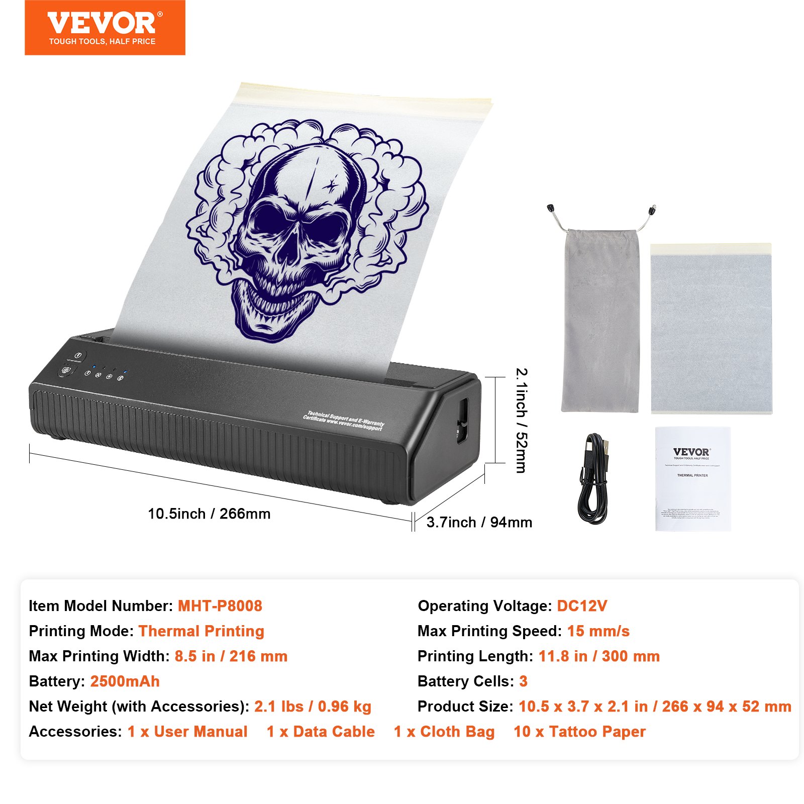 VEVOR Tattoo Stencil Printer, Wireless Bluetooth Tattoo Printer Transfer Stencil Machine With 10Pcs Transfer Paper, Compatible For IOS Android Phone, IPad PC