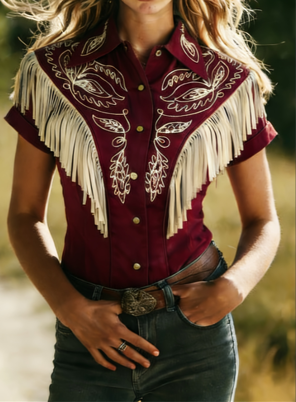 Embroidered Shadow Fringe Western Style Short Sleeved Shirt