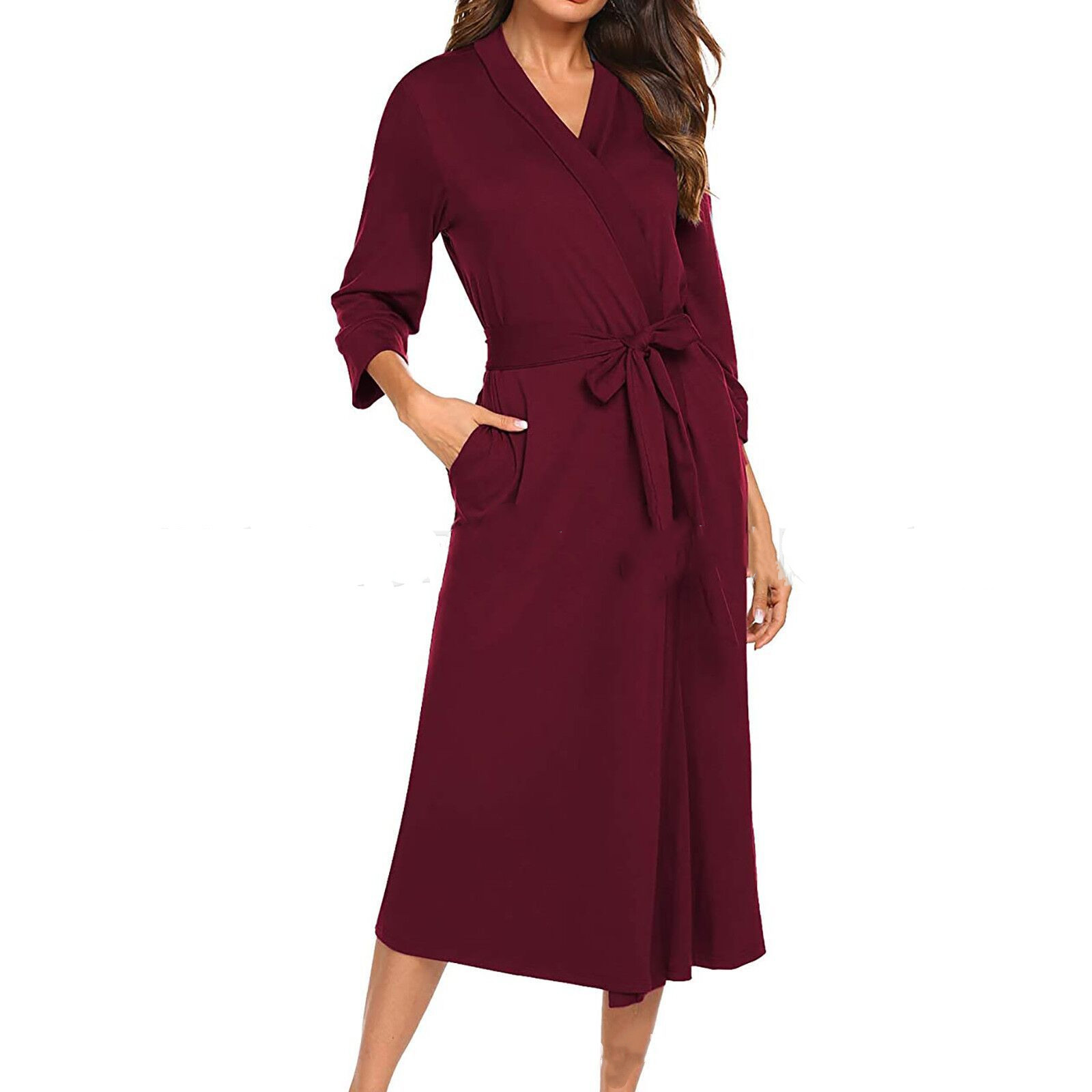 Title 4, Mid-sleeve V-neck Solid Color Belt Bathrobe Sof...