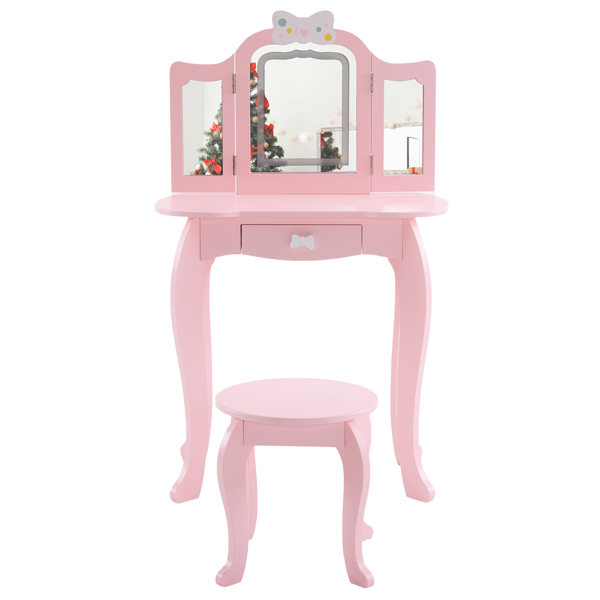 Kids Vanity Table And Chair Set, 2-in-1 Girls Vanity With Tri-Folding Mirror &... 9