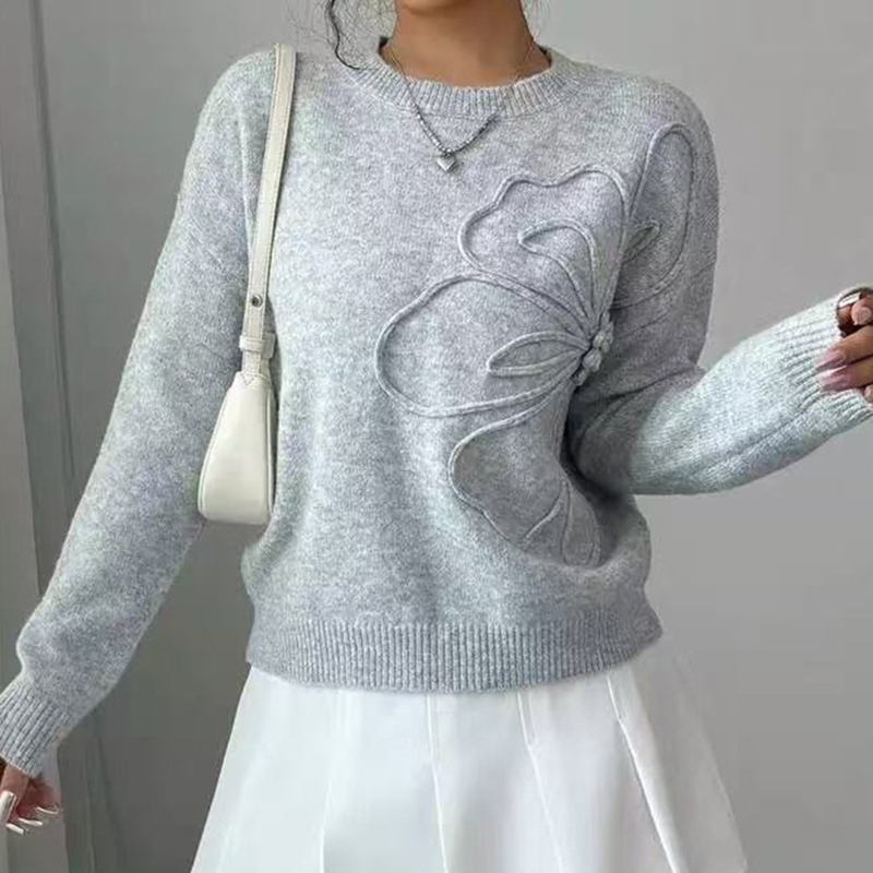 Women's Elegant Floral Sweater Fall Winter Crew Neck Long Sleeve Casual Pullover Gray - Shop at LoveMi