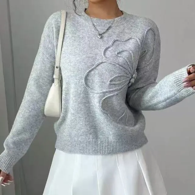 Women's Elegant Floral Sweater Fall Winter Crew Neck Long Sleeve Casual Pullover Gray - Shop at LoveMi