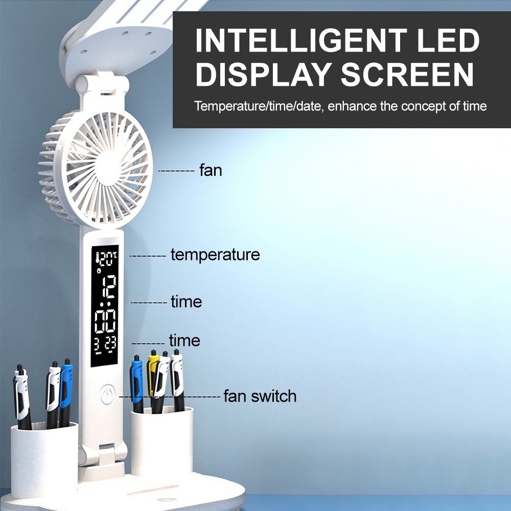 4-Head LED Desk Reading Lamp With Fan Clock Dimmable Rechargeable Touch Light — image 4