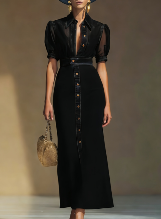 French Retro Bubble Sleeve Waist Cinching Long Skirt