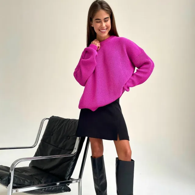 Women's Knitwear Round Neck Loose Solid Color Sweater Rose Red - Shop at LoveMi