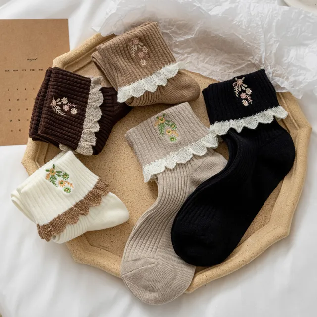 Women's Mid Tube Socks Combed Cotton Edge Embroidery 5Color Set - Shop at LoveMi