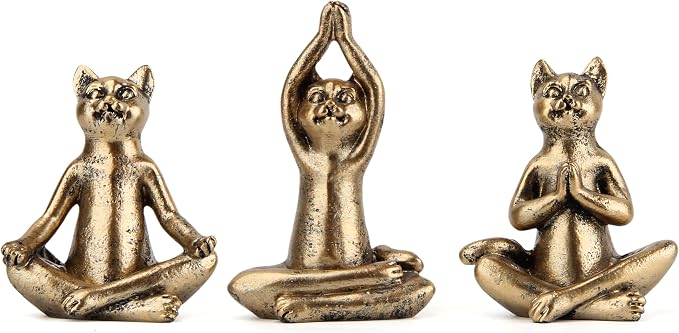 3-Piece Cat Yoga Statue Set Small Meditation Figurines Gold Home Shelf Decor