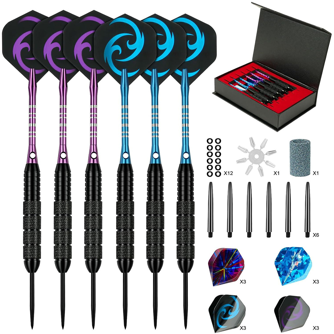 NEW 6 Pack Tungsten Darts Tip Set Steel Shaft 12 Flights With Case UK — image 7