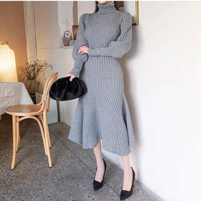 Retro Lantern Sleeve High Neck Slim Wrap Hip Curve Big Mermaid Dress Grey - Shop at LoveMi