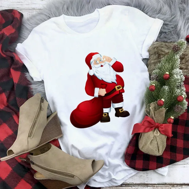 Christmas Lady Short sleeved T shirt Cartoon Santa Claus Print Street Casual T shirt 15 Style S - Shop at LoveMi