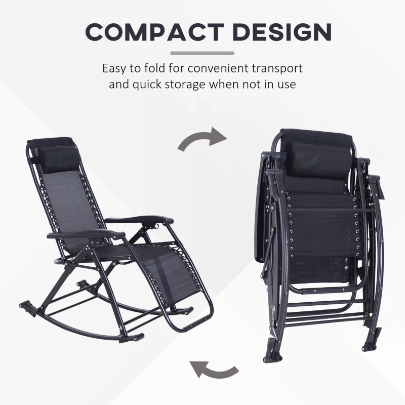 Outdoor Rocking Chairs, Foldable Reclining Zero Gravity Lounge Rocker With Pillow, Cup & Phone Holder, Combo Design With Folding Legs, Black thumbnail 7
